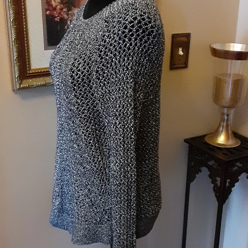 Lucky Brand black white & metallic silver open weave pullover sweater XL…EUC